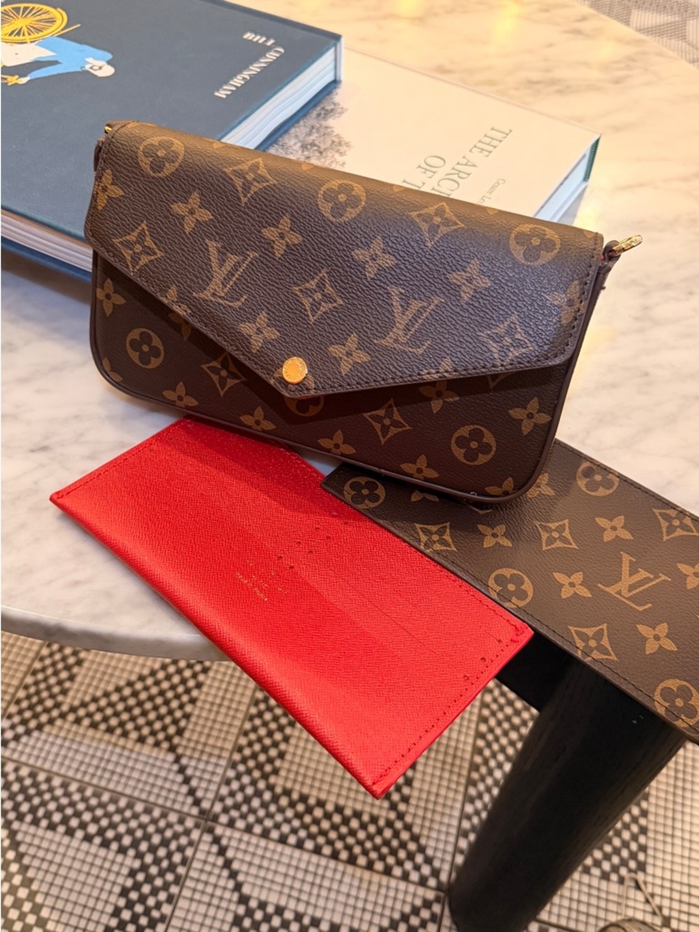 Monogram Canvas Brown Crossbody Wallet with Red Card Holder